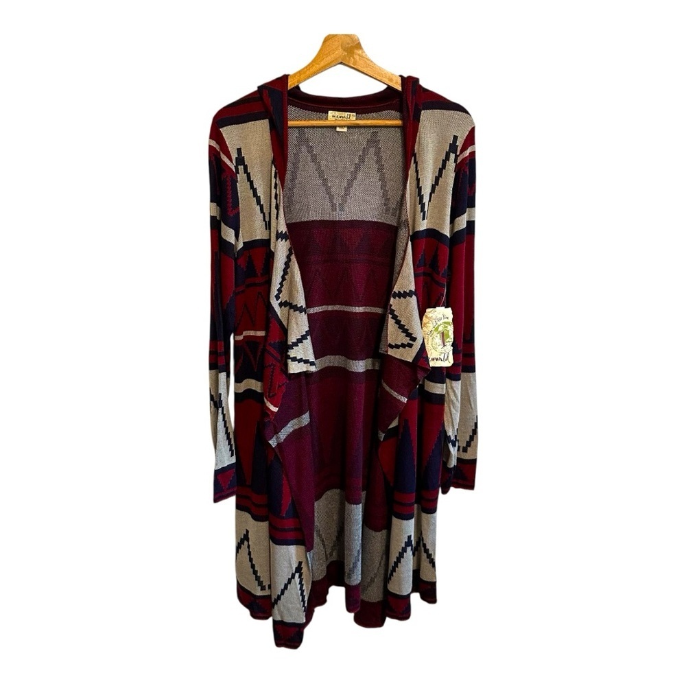 One World Women's Red Boho Open Front Hooded Cardigan Size X-Large